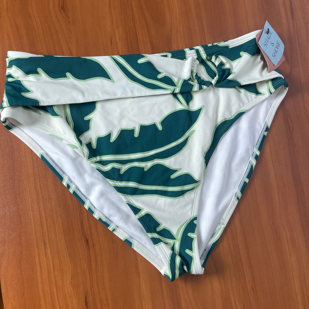 Shade & Shore Womens XL Green Tropical Palm‎ High Waist Cheeky Bikini Bottom NWT